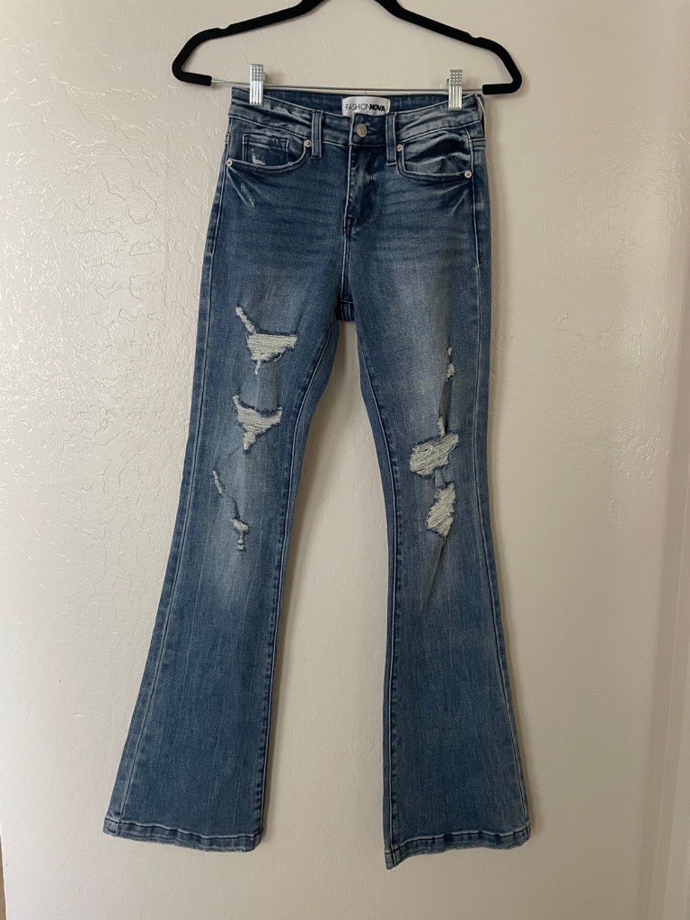 Fashion Nova Distressed Flare Jeans - Blue Wash